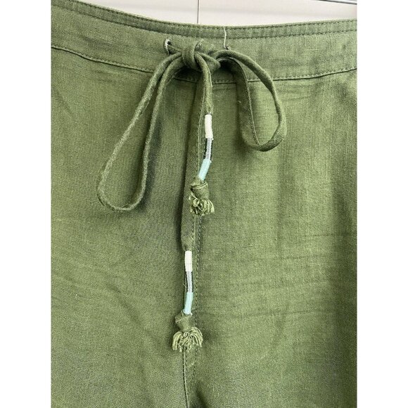 J Crew Denim Capri Pant Size Large Green Linen Blend Pull On Elastic Waist Tie - Picture 2 of 8